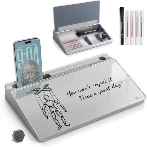 Miniatura 8 de TOWON Pizarra blanca pequeña y compacta de vidrio con almacenamiento, pizarra de borrado en seco de 12 x 7 pulgadas para escritorio, oficina