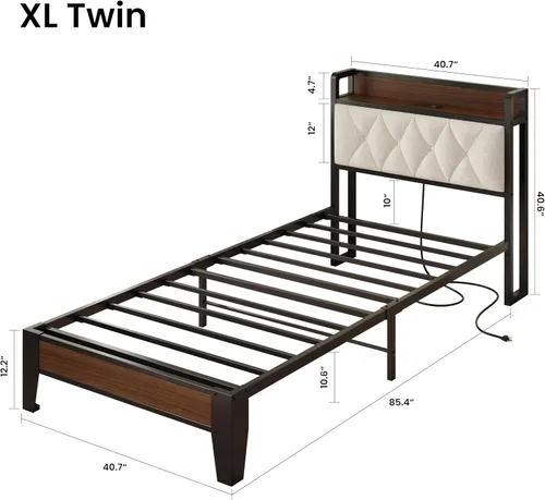 Miniatura 2 de ANCTOR Base de cama individual XL, cabecera de almacenamiento con estación de carga, marco de cama de plataforma con soporte de metal fuerte