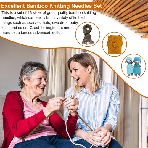 Miniatura 4 de Aeelike Juego de 18 pares de agujas de tejer de bambú, agujas de tejer de madera de 10 pulgadas de un solo punto con bolsa enrollable, juego