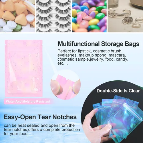 Miniatura 4 de Bolsa de embalaje resellable holográfica rosa transparente con cremallera para almacenamiento de alimentos, brillo de labios, pestañas, joyas