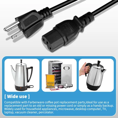 Miniatura 5 de HASMX Cable de alimentación percolador de 3 clavijas de 36 pulgadas para percolador Hamilton Beach modelo 40616, pieza de repuesto para cafetera