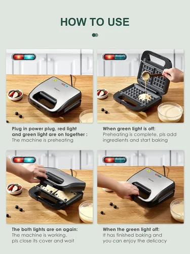 Miniatura 5 de Reemix Máquina 3 en 1 para Waffles, Parrilla y Sándwiches, Prensa Panini y Plancha para Waffles con Placas Antiadherentes Removibles, Perfecta