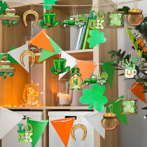 Miniatura 6 de Spiareal 36 piezas Adornos de día de San Patricio en madera, adorno colgante de trébol verde, gnomo verde, camión, recorte de madera, decoración