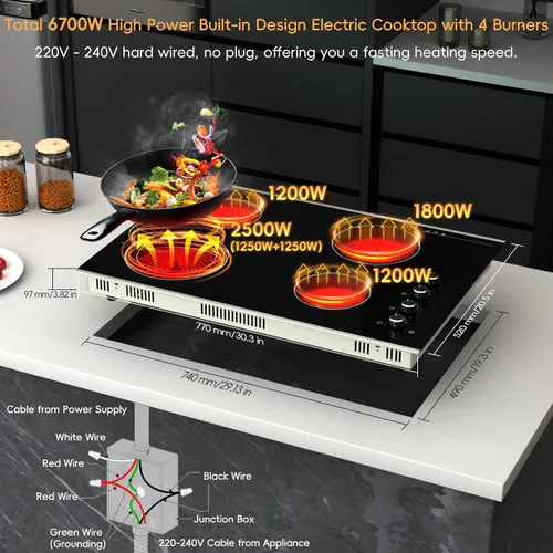 Miniatura 4 de Placa de Cocina Eléctrica de 30 Pulgadas 4 Quemadores, 6700W Estufa Eléctrica Radiante Integrada con Control de Perilla, Estufa Eléctrica