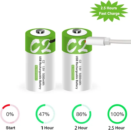 Miniatura 4 de Baterías C - Paquete de 4 baterías recargables C, batería de iones de litio de 5000 mWh, tamaño C, 1.5 V con cargador USB A a tipo C 2 en 1