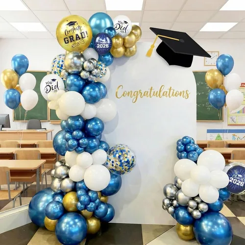 Miniatura 4 de Globos de graduación azules y dorados, 60 globos impresos con texto en inglés "Felicitaciones", 12 pulgadas, azul marino, blanco, azul, metálico