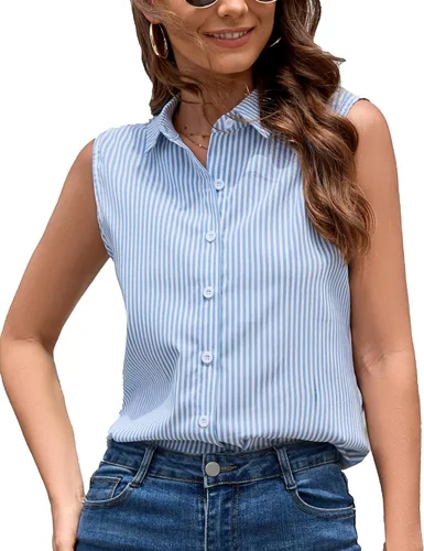 Miniatura 21 de YAMANMAN Camisa sin mangas con botones para mujer, blusa clásica con cuello redondo, camiseta básica de gasa para el trabajo y la oficina