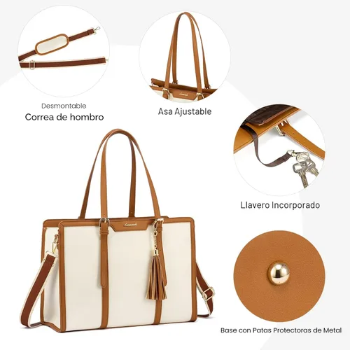 Miniatura 7 de LOVEVOOK Bolsa para laptop para mujer, bolsa de lona ligera de 15.6 pulgadas, bolsa grande para computadora, con bolso de mano, para negocios, Beige