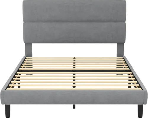 Miniatura 9 de GRUSIGN Base de cama de plataforma tamaño Queen con cabecera de terciopelo, soporte de listones de madera de altura ajustable, base de colchón Gris