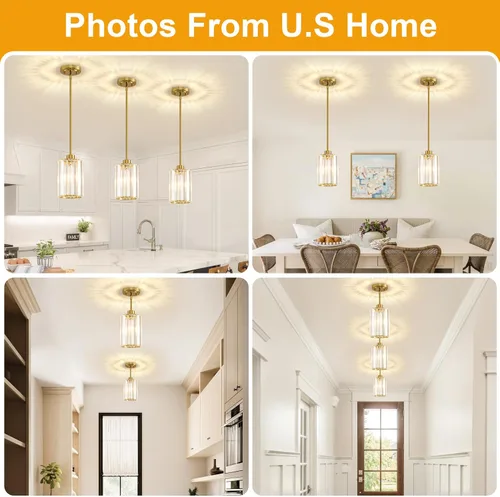 Miniatura 4 de Paquete de 2 luces colgantes para isla de cocina, modernas lámparas colgantes doradas, mini candelabro de cristal para isla de cocina, lámparas