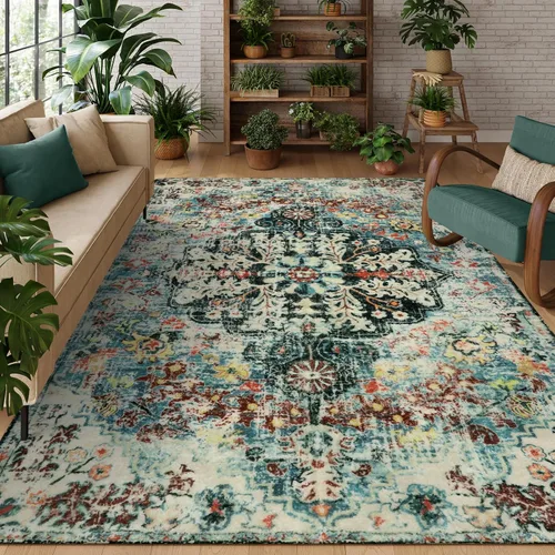 Miniatura 13 de Lahome Alfombra bohemia con medallón floral, 4 x 6 pies, color verde azulado, suave, lavable, antideslizante, apta para mascotas, alfombra