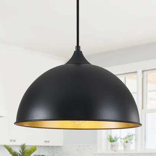 Luces Colgantes Isla de Cocina, 12" Lámpara Colgante de Cúpula Negra y Dorada Vintage Industrial Luminarias Colgantes para Casa de Campo Comedor