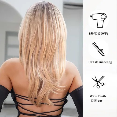Miniatura 5 de HAIRCUBE Pelucas rubias degradadas con flequillo, longitud al hombro, peluca rubia ceniza para mujer, pelucas en capas, raíces oscuras, pelucas