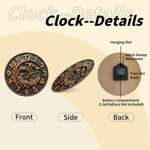 Miniatura 8 de Reloj de pared de madera con corona de hojas con acabado en bronce 9.8x9.8 in
