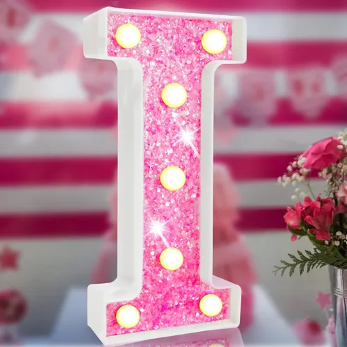 Letras rosas iluminadas, letras del alfabeto con purpurina, letras LED de marquesina, que funcionan con pilas, para iluminar por la noche, para el