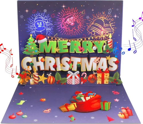 Miniatura 6 de MZD8391 Tarjetas de Navidad con proyecciones de Papá Noel animadas, tarjeta de felicitación de regalo de Navidad desplegable 3D con luces musicales