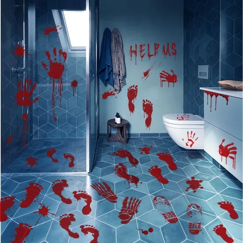 Miniatura 5 de Calcomanías de suelo con huella de mano sangrienta, calcomanías de pared de tamaño real, decoraciones de ventana de Halloween aterradoras