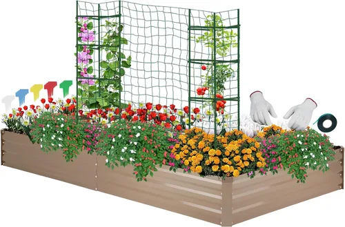 Miniatura 10 de ONCEMORE Cama de jardín elevada galvanizada para verduras, flores, hierbas, kit de cama de jardín elevada de metal con 2 jaulas de tomate, guantes