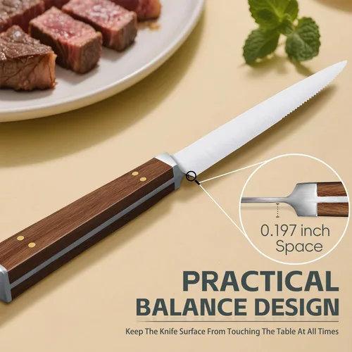 Miniatura 6 de Juego de 4 cuchillos de carne serrados de Purple Dragon de acero alemán de alto carbono con mango cuadrado de madera - Corte sin esfuerzo - Regalo