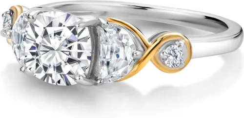 Miniatura 4 de Gem Stone King Anillo de compromiso de 3 piedras de plata 925 y oro amarillo de 10 quilates y moissanita de media luna y diamante blanco cultivado