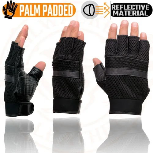 Miniatura 3 de Guantes sin dedos de cuero perforado negro para hombre Milwaukee Leather MG7504 con palma de gel y ribetes reflectantes para motocicleta