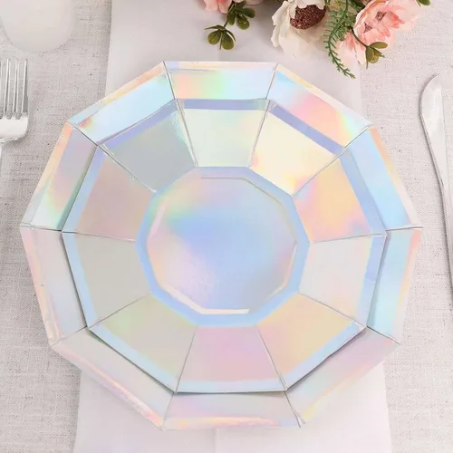 Miniatura 6 de Efavormart - Paquete de 25 platos de papel decagonal iridiscentes de 7.5 pulgadas, platos de postre geométricos resistentes de 300 GSM para Tipo 3