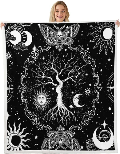 Erosebridal Manta de árbol de la vida, sol y luna para sofá cama, manta de forro polar gótico de polilla trippy, manta de sherpa cósmica con