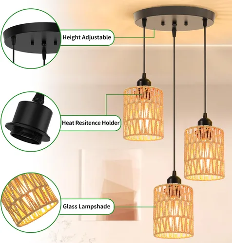 Miniatura 4 de Lámpara Colgante de Ratán de 3 Luces, Lámpara Colgante Bohemia de Granja con Pantallas de Mimbre Tejidas a Mano para Comedor, Isla de Cocina