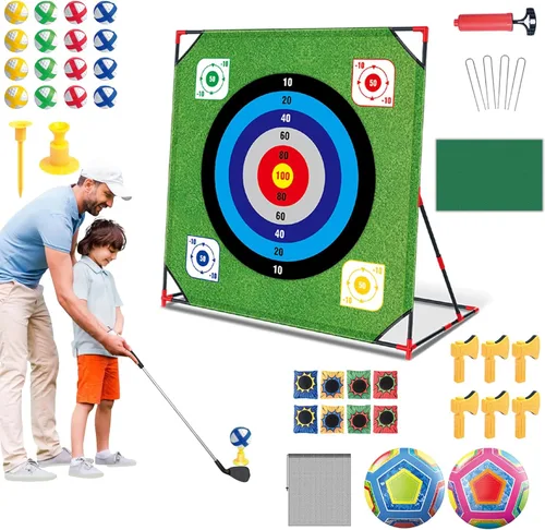 Juego de astillado de golf con soporte: juego de objetivos de golf de batalla 4 en 1 con 16 bolas adhesivas, 8 bolsas de frijol, 2 pelotas de