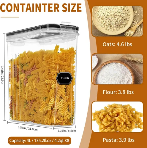 Miniatura 2 de Juego de recipientes para cereales (4 litros/135.2 onzas), 8 recipientes herméticos de almacenamiento de alimentos con tapas, dispensadores