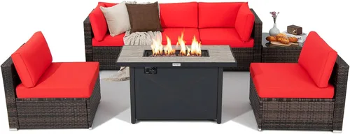 Miniatura 11 de Tangkula Juego de muebles de patio de 7 piezas con mesa para fogata, incluye mesa rectangular de propano de 42 pulgadas y 60,000 BTU y funda