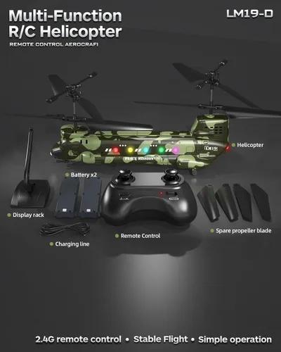 Miniatura 5 de Helicóptero de control remoto Chinook del ejército, helicóptero RC de transporte militar LM19-D, retención de altitud, despegue y aterrizaje con una