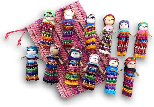 Miniatura 7 de Thorness Juego de 4 muñecas guatemaltecas hechas a mano con una colorida bolsa de almacenamiento hecha a mano
