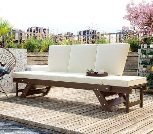 Miniatura 6 de Harper & Bright Designs Sofá convertible para exteriores con reposabrazos ajustable, sofá de madera maciza para patio con cojines, acabado Acabado
