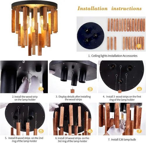 Miniatura 5 de Lámparas de techo semiempotradas de 3 luces, lámpara de madera bohemia, lámpara de techo de roble y negro con E26 para cocina, sala de estar