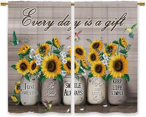 Miniatura 8 de Cortinas de Cocina de Girasol Estilo Granja, Cortinas de Ventana Cortas Pequeñas de Café con Flores Rústicas Florales del Campo, Cortinas de Ventana