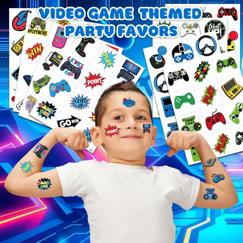 Miniatura 2 de 96 piezas de tatuajes temporales retro de píxeles para niños, decoración de fiesta de cumpleaños temática de videojuegos, suministros de decoración