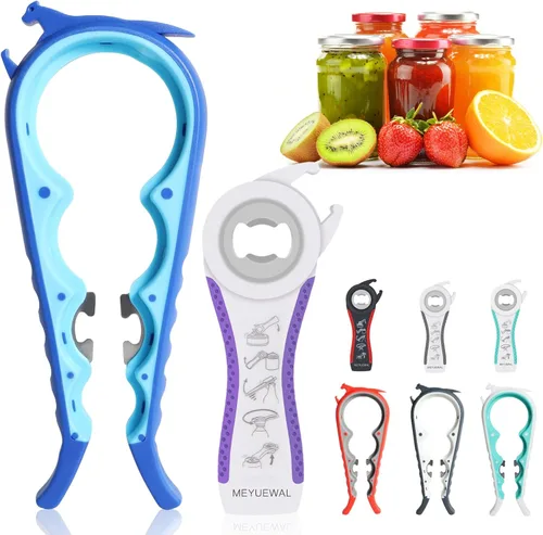 Abrelatas más reciente para manos débiles, kit de abridor de botellas multifunción 6 en 1 con mango de silicona fácil de usar para niños, ancianos y