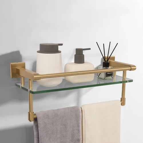 Miniatura 18 de Estante de baño de vidrio con barra para toallas, barra para toallas de acero inoxidable templado/estantes de baño de vidrio templado con riel