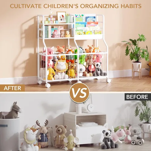 Miniatura 3 de BBLIKE Organizador de almacenamiento de animales de peluche, estantería rodante para niños y almacenamiento de juguetes con exhibición de libros