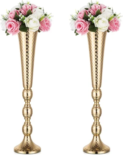 Nuptio 2 centros de mesa para mesa de boda, jarrón de trompeta de metal de 24 pulgadas de alto, jarrones de flores para fiesta, cena, centro de