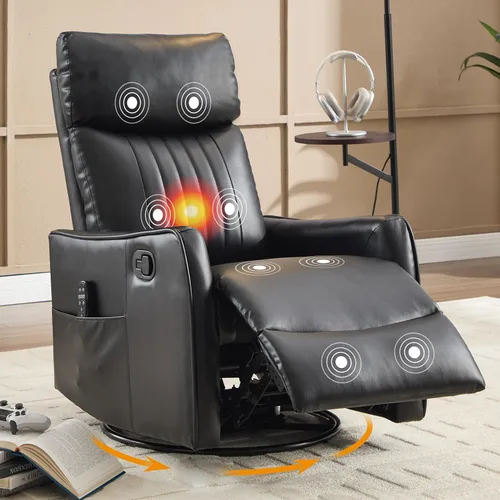 Miniatura 12 de Silla Reclinable Giratoria Manual con Balancín para Adultos, Sillón Reclinable Acolchado con Masaje y Calor, Silla Reclinable para Sala de Estar