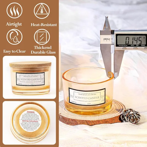 Miniatura 5 de CONNOO Paquete de 15 tarros de vela de vidrio ámbar dorado de 4 onzas con tapas herméticas de bambú para hacer velas, recipientes vacíos de boca Oro