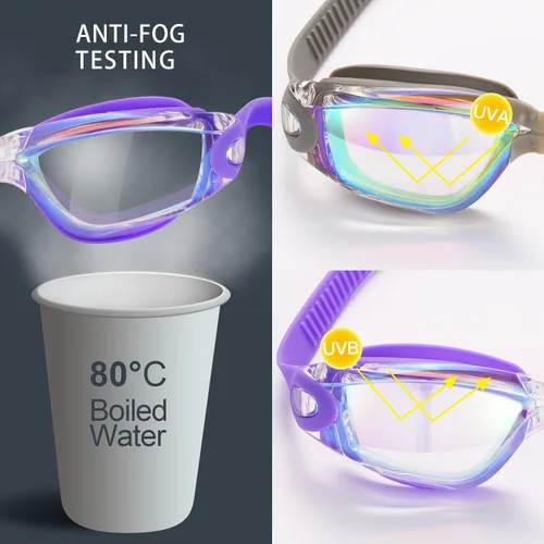 Miniatura 6 de Gafas de natación, paquete de 2 gafas de natación para adultos, hombres, mujeres, jóvenes, niños Morado/Gris (espejo).