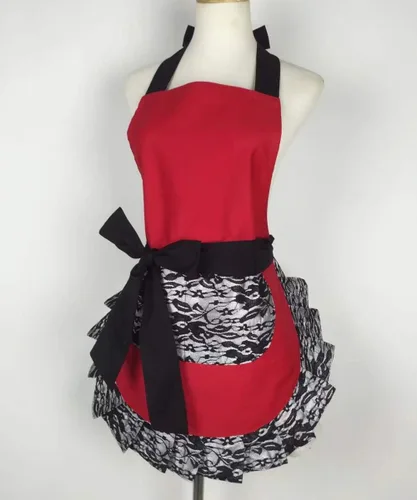 Miniatura 3 de Hyzrz Bonito delantal de encaje coqueto con bolsillo, divertido delantal retro sexy de cocina para mujeres y niñas (negro)