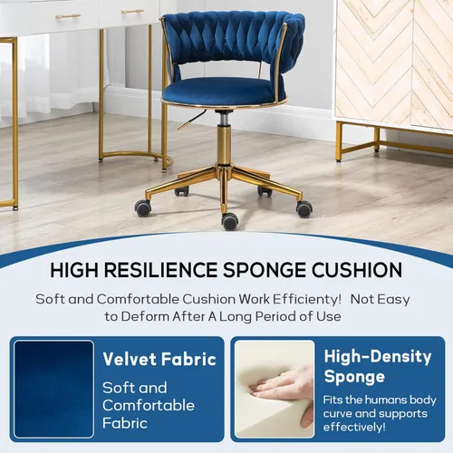 Miniatura 5 de NIOIIKIT Silla de Escritorio de Terciopelo con Respaldo Tejido a Mano, Silla Giratoria de 360° y Altura Ajustable, Silla de Maquillaje, Sillas