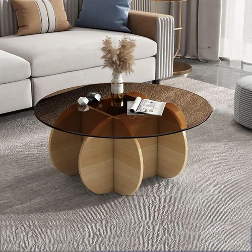 Miniatura 21 de HM&DX Mesa auxiliar redonda de cristal, base de madera maciza y parte superior de vidrio templado transparente, mesa auxiliar de café, mesa central