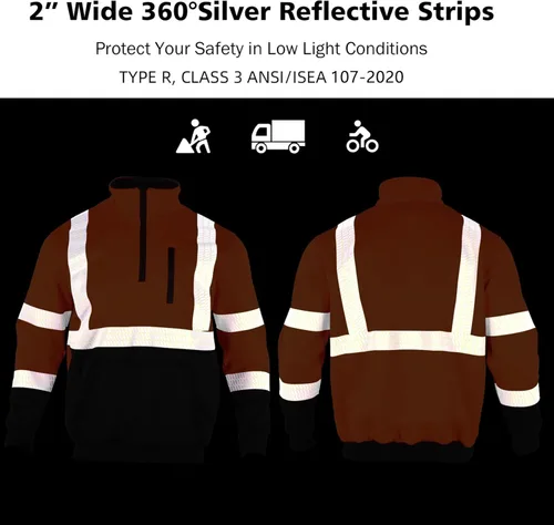 Miniatura 6 de VENDACE Hi Vis - Sudadera reflectante de seguridad para hombres ANSI Clase 3 de alta visibilidad, forro polar con cremallera de 1/4, sin capucha