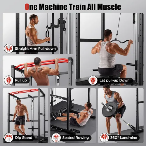 Miniatura 5 de Sportsroyals Jaula de Potencia, Rack de Potencia Multifuncional de 1600 libras con Sistema de Cruce de Cable Ajustable y Más Accesorios de Rojo