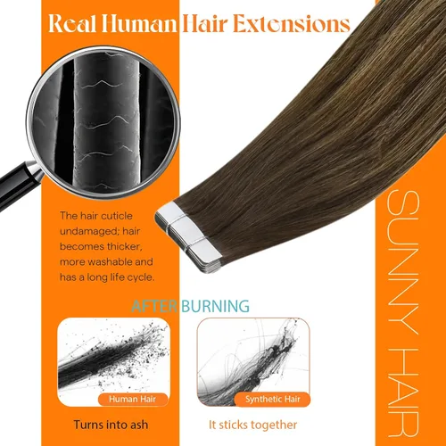 Miniatura 7 de Sunny - Extensiones de cabello humano balayage de 16 pulgadas, sin costuras, color marrón oscuro #4 que se desvanece a rubio caramelo #27 con cinta
